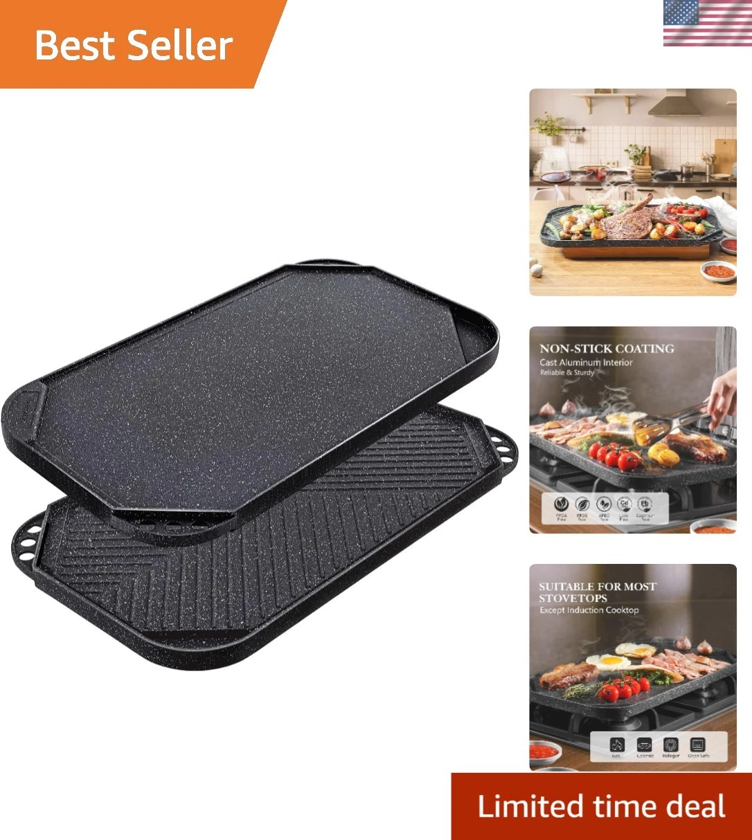 Nonstick Griddle Grill Pan, Pro-Grid Reversible Grill & Griddle Pan, Two Burn...