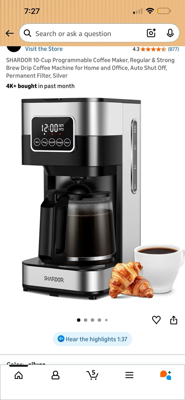 SHARDOR 10-Cup Programmable Coffee Maker, Regular & Strong Brew Drip Coffee Mach