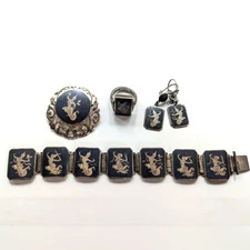 Vintage Nielloware Siam Signed Silver Goddess Bracelet Earrings Ring Brooch Set