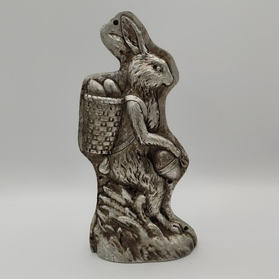 11'' Faux Vintage Easter Bunny Chocolate Mold Figurine Egg Basket Silver Resin