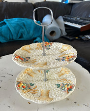 Clarice Cliff Celtic Harvest 2-Tier Round Ceramic Cake Stand w/ Metal Handle