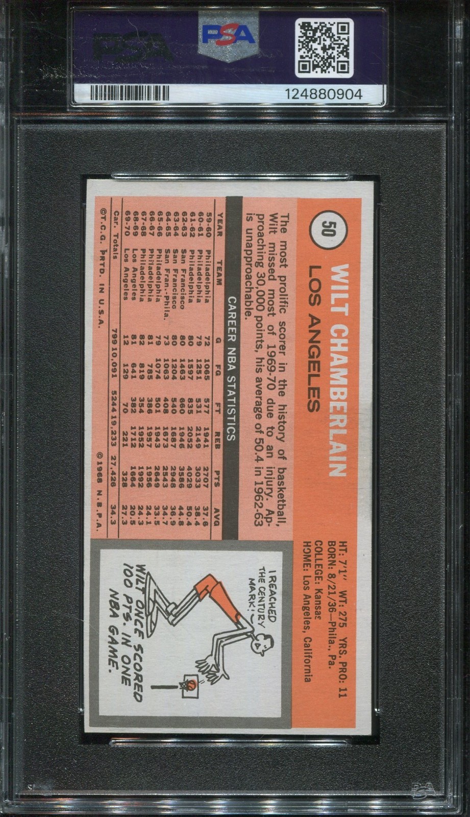 1970 Topps Basketball #50 Wilt Chamberlain psa 7 St HOF view 2