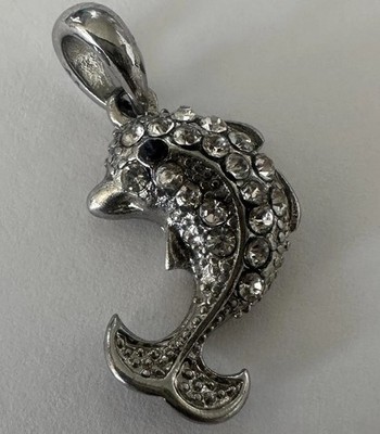 Silver Tone Dolphin Rhinestone Pendant Sea Life Charm Clear Crystal Sparkle