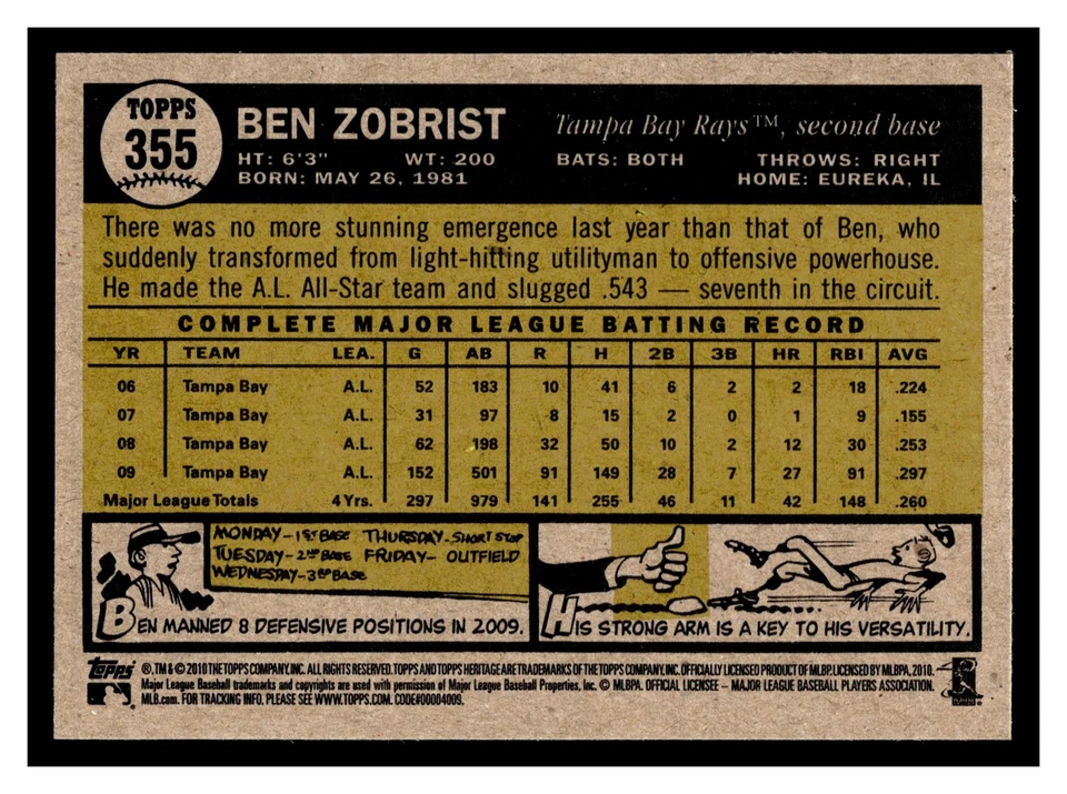 Ben Zobrist #355 2010 Topps Heritage Tampa Bay Rays - Image 2 of 2