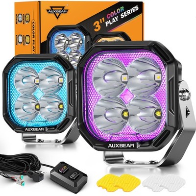 Auxbeam Color Play 3'' RGBW LED Work Driving Pods Lights Offroad Fog Spotlights