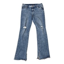 Express Skyscraper Mid Rise Jeans Womens L Blue Bootcut Distressed Stretch Denim