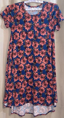 Lularoe Carly Dress Womens XS Blue Floral Swing Oversize Modest Roses Hilow