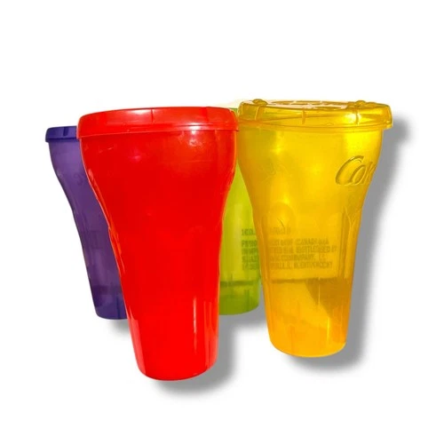 LOT 4 Vintage Cola Plastic Coke Cup With Lids Red Yellow Green Purple 32oz Arbys