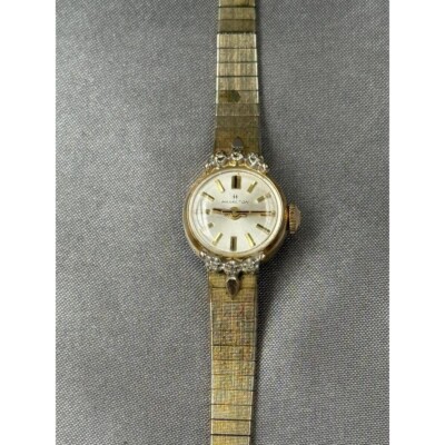 Rare Hamilton Ladies 10k Gold Plate and Diamond Watch,Works Broken Strap