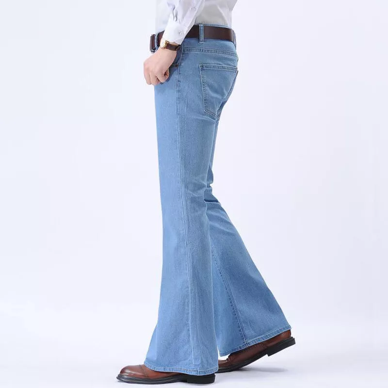 Men Stretch Bell Bottom Jeans Vintage Low Rise Flared Leg Denim Pants Slim