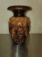 Hand Carved Wooden 3D VASE Tribal Art Elephant Jungle Palm Tree Thailand