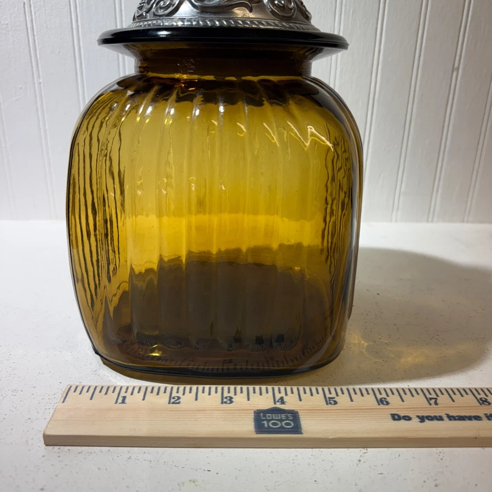 "Tarro de vidrio Artland vintage ámbar acanalado boticario bote tapa de peltre mediano 10""" Foto 4 de 4