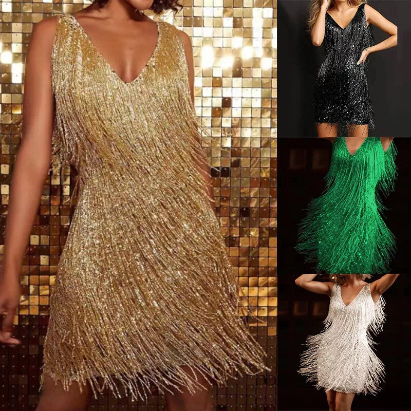 Gold Sequin Fringe Bodycon Mini Dress | Womens | Large | 100% Polyester | Lulus