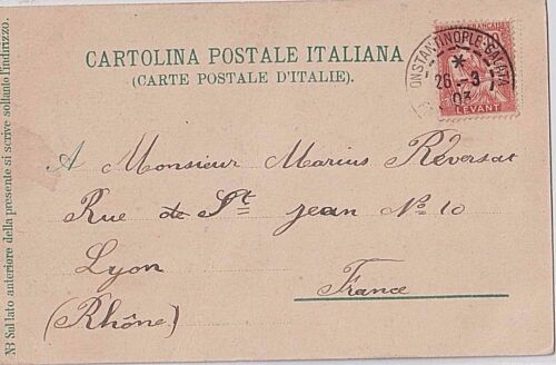 FRANKREICH TÜRKEI 1903 KONSTANTINOPEL 10C LEVANT ON ITALIEN POSTKARTENABDECKUNG NACH FRANKREICH - Bild 1 von 2