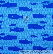BonEful Fabric FQ Cotton Quilt Blue Water WHALE Fish White Beach Stripe Sea Wave
