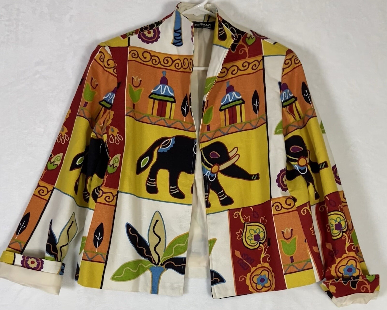 Giacca arazzo donna pony dipinto colorato floreale elefante taglia S vintage rara