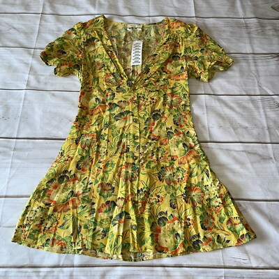 New Urban Outfitters Linen Blend Bettie Twist Front Yellow Floral Dress  Size S | eBay