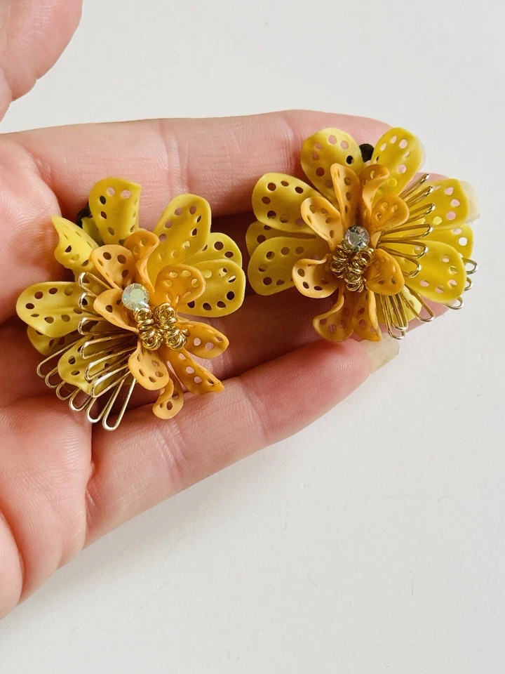 Pendientes Alemania Occidental De Colección Firmados Lucite Clip Estrás Amarillo Naranja Ráfaga Foto 2 de 4