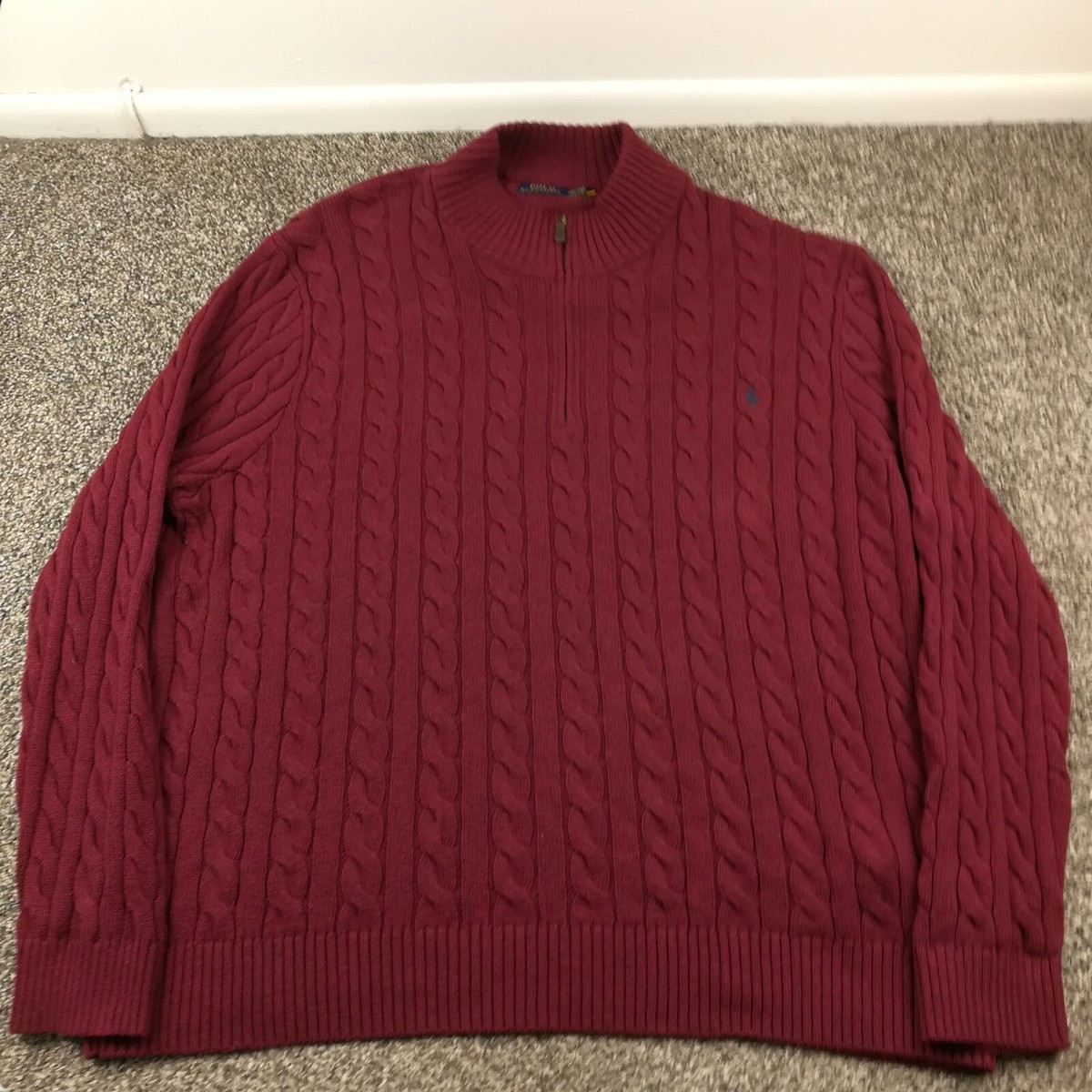 Polo Ralph Lauren Sweater Cable Knit 1/4 Zip Pullover Burgundy Red
