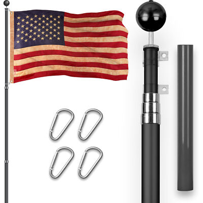 16 Ft Telescoping Flagpole Black & American USA Tea-Stained Flag 3x5 Ft Emb