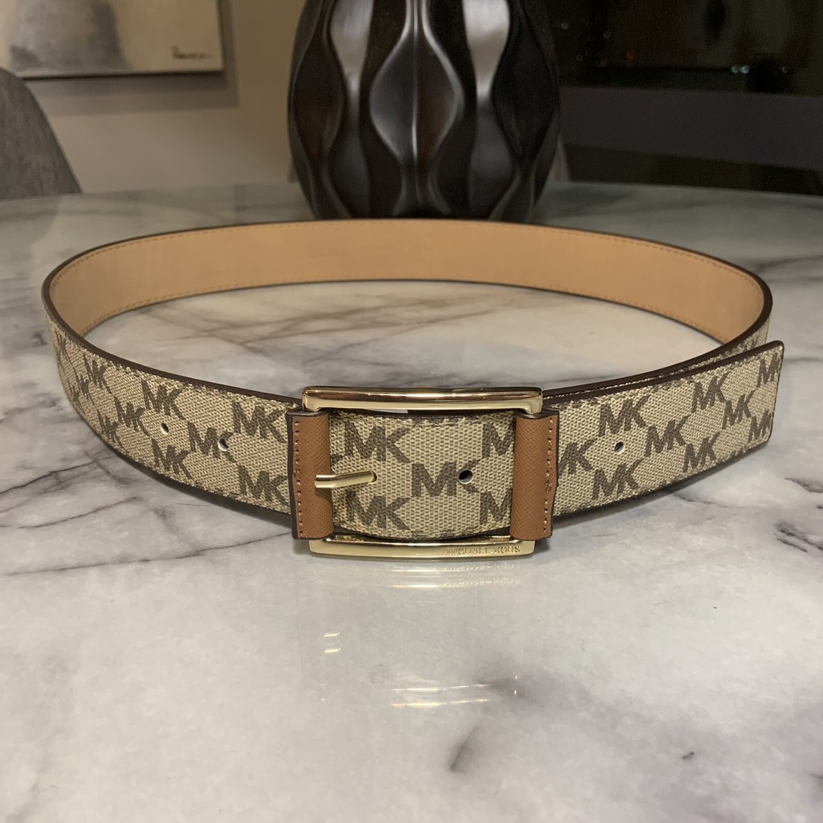 Michael Kors Reversible Logo Print Belt in Brown and Beige with Gold Buckle MICHAEL KORS BELT REVERSIBLE BROWN TO BROWN WITH PRINTED MK  main image 3
