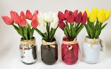 ALEX & ZOE ARTIFICIAL A DOZEN SILK TULIP FLOWERS+TINTED GLASS JAR-REAL TO TOUCH
