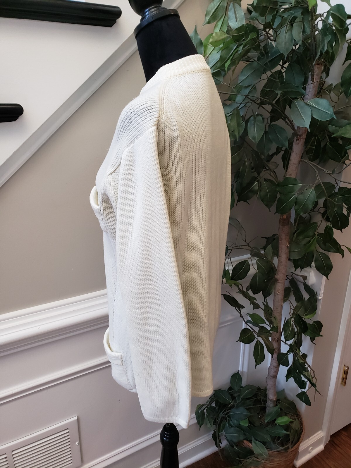 Vintage Beige Solid Spring Knitted Crew Neck Long… - image 5