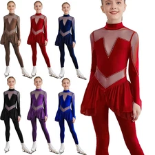 Kid Girls Shiny Rhinestone Full Body Unitard Gymnastics Leotard Skating Jumpsuit
