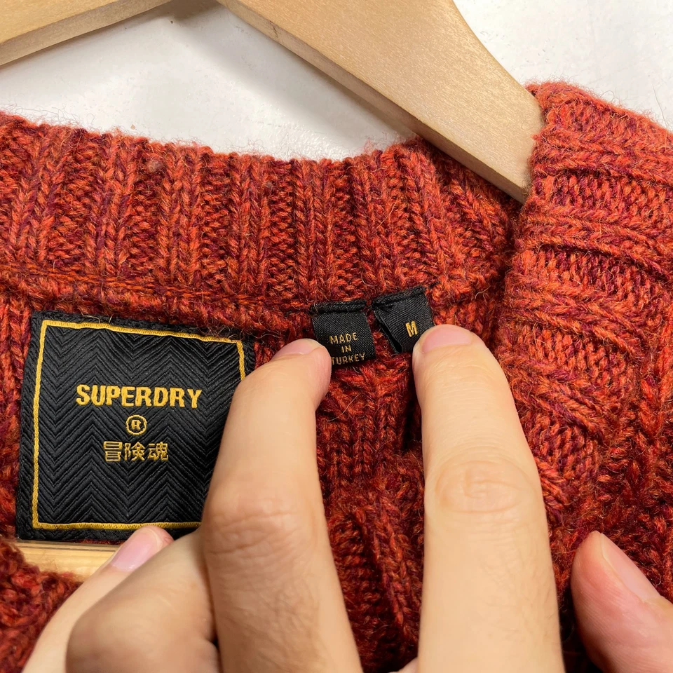 Superdry Jumper Mens M Orange Burnt Rust Aran Cable Knit Wool Blend - Image 3 of 4