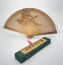 Vintage Chinese Carved Wooden Folding Fan Reticulated Lattice w/ Box Tassel