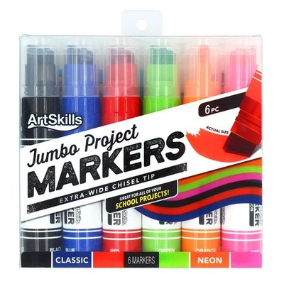 Jumbo Chisel Tip Markers 6 Pack Assorted Neon and Classic Colors for Posters and