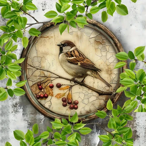 Vintage Bird & Cherry Round Aluminum Tin Metal Signs Home Décor Printed Wall Art