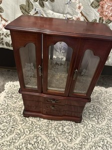 vintage wooden armoire-style jewelry box 3 Drawer/ 2 Glass Doors Cherry Wood
