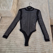 Black Rhinestone Long Sleeve Mesh Bodysuit Mock Neck Sparkly Leotard Size S