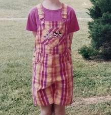 Vtg Mickey For Kids Mickey Friends Orange Plaid Embroidered Overalls Yth Sz 12