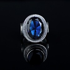 Silver Oval Sapphire Blue Stone Vintage Engraved Sapphire Ring