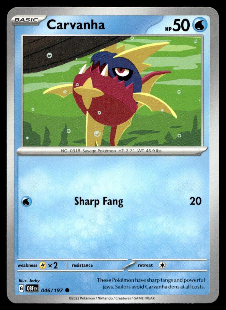 Carvanha 46/197 Pokemon Card Obsidian Flames Common 50 HP Lightly Played DB