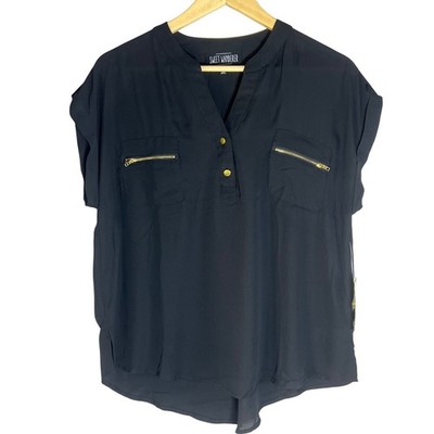 Sweet Wanderer Black Short Sleeve Blouse Zipper NWT Pockets XL Dark Academia