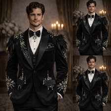 Luxury t Rhinestone Men's Suits 3PCS Black Faux Fur Prom Dinner Party Jacket