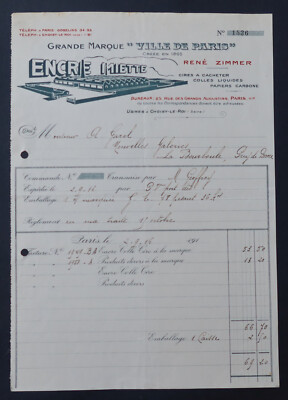 Facture PARIS 1916 ENCRES VILLE DE PARIS MIETTE écriture nibs ink