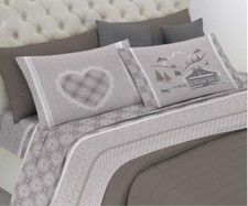 COMPLETO LENZUOLA FLANELLA CUORI TIROLESE CHALET BEIGE PENSIERI DELICATI MATRIMO