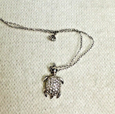 Sterling Silver CZ Covered Turtle Necklace with a Sweet Small Shell Charm - 17"