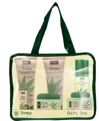 HEMP 7 PIECE GIFT SET COSMETIC BAG, SHAMPOO, CONDITIONER, BODY LOTION PLUS MORE