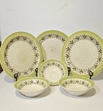 Vintage MAYAN Ironstone by SEARS 6 Piece Dinner Plate and Bowl Set green/white