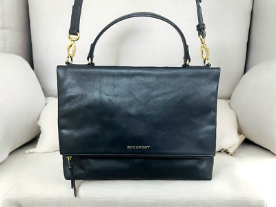 Rockport Black Leather Folding Crossbody Messanger Bag Gold Metal Outer Pocket