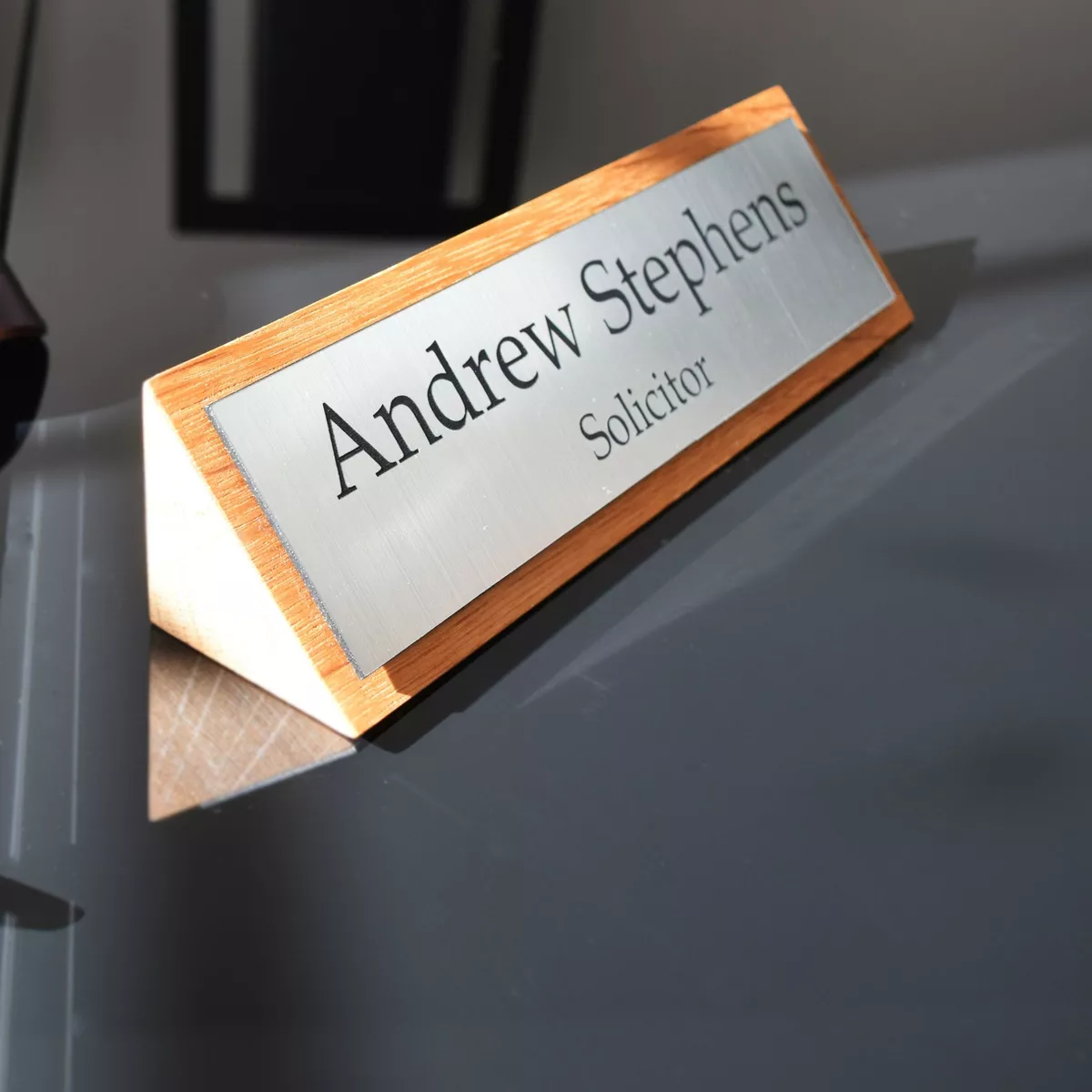 Solid Oak Silver Polished Office Plaque Stylish Personalised Desk Name Plate