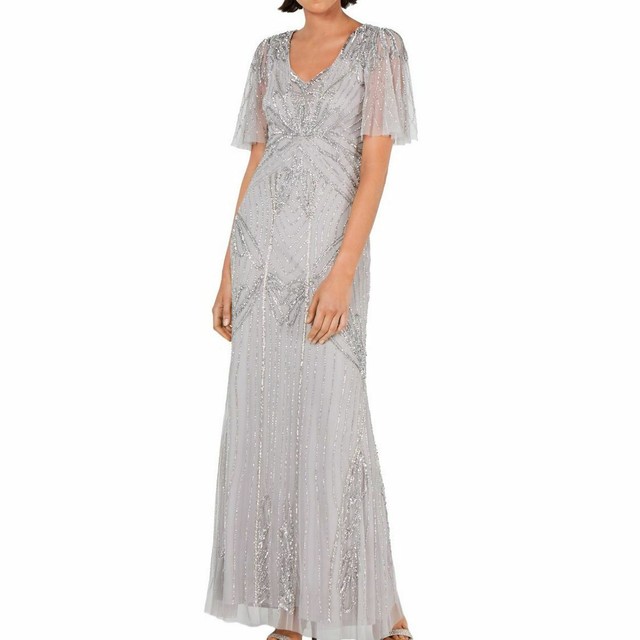 silver beaded evening gown