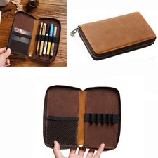Genuine Leather Pencil Holder Case Vintage Fountain Pen Stationery Organizer Bag