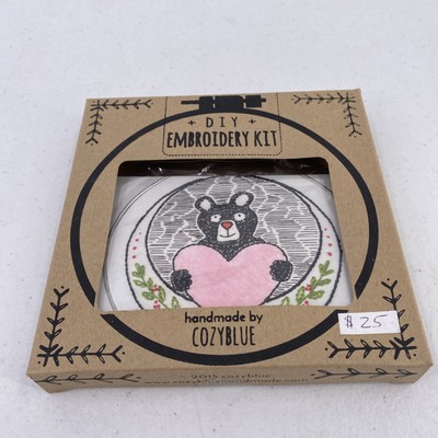 Handmade By Cozy Blue Bear With Heart Embroidery Kit New Complete Supplies Inclu