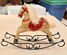 Vintage wood and fur rocking horse, farmhouse design, hand crafted, red accents